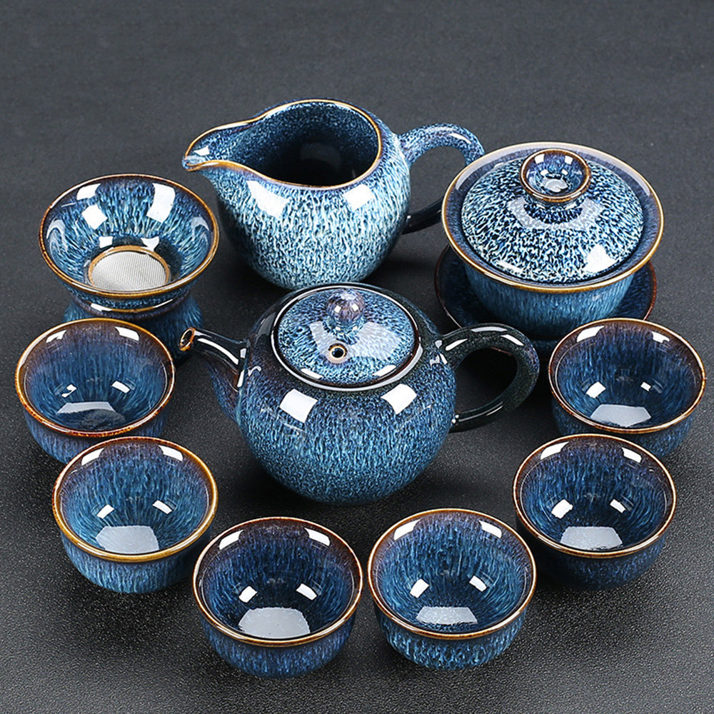 Gongfu Tea Set Tenmoku Glaze | Automatic Wood Tea Tray