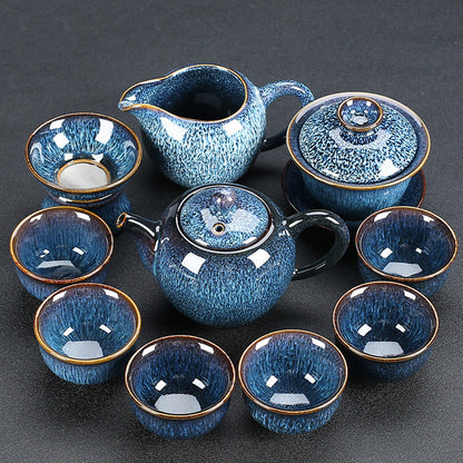 Gongfu Tea Set Tenmoku Glaze | Automatic Wood Tea Tray
