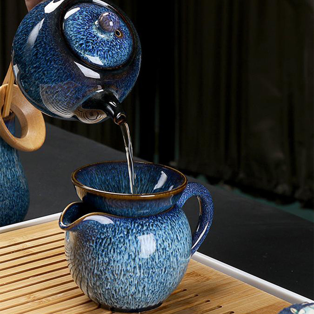 Gongfu Tea Set Tenmoku Glaze | Automatic Wood Tea Tray