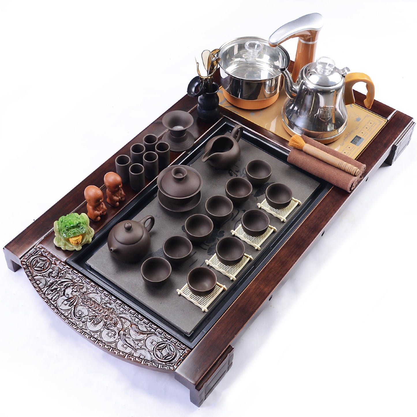 Gongfu Tea Set Yixing Purple Clay Wood Tray & Heater 30-Pc
