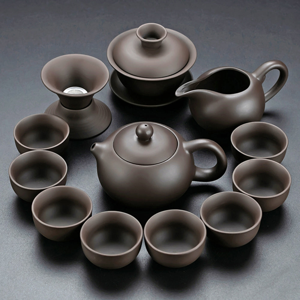 Gongfu Tea Set Yixing Purple Clay Wood Tray & Heater 30-Pc