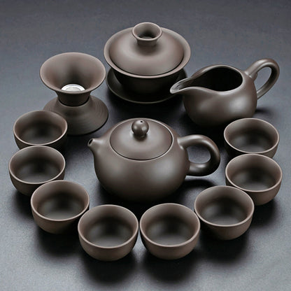 Gongfu Tea Set Yixing Purple Clay Wood Tray & Heater 30-Pc