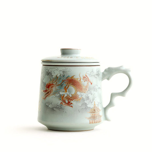 Ruyao Dragon Tea Cup | Gold Dragon Handle Infuser Pink Green