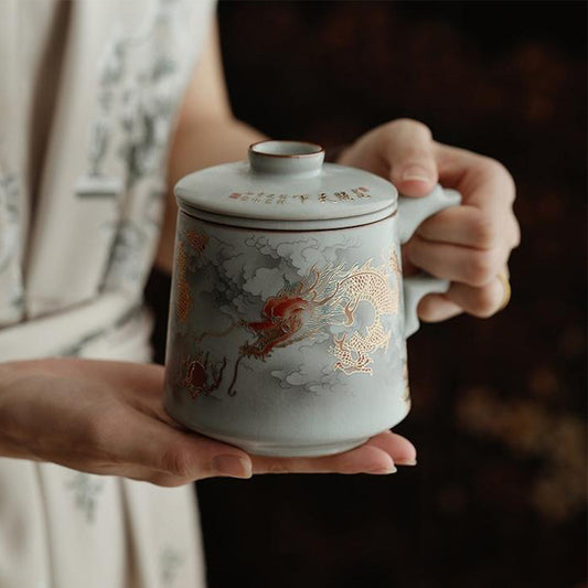 Ruyao Dragon Tea Cup | Gold Dragon Handle Infuser Pink Green