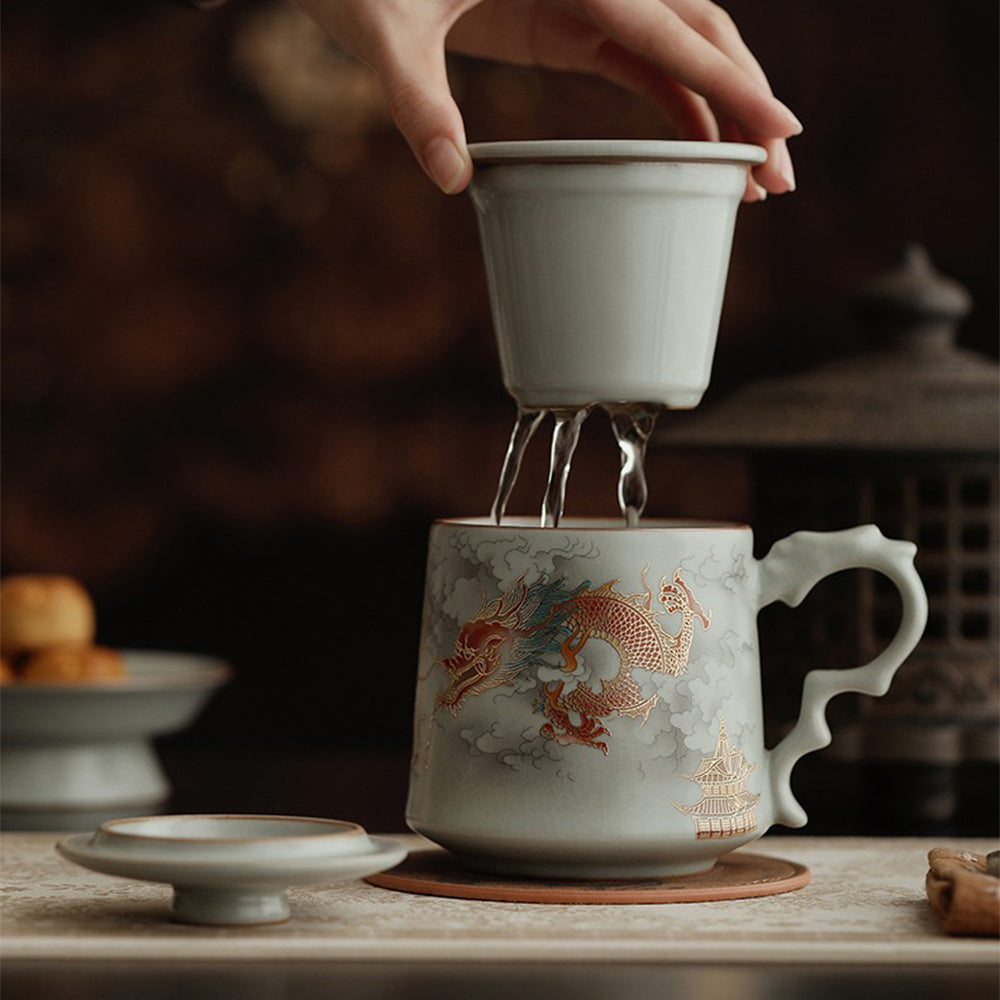 Ruyao Dragon Tea Cup | Gold Dragon Handle Infuser Pink Green