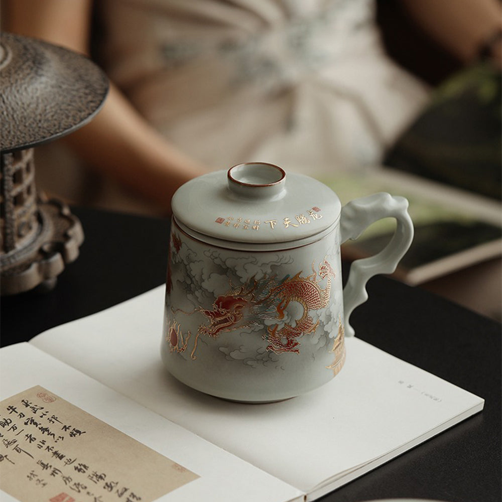 Ruyao Dragon Tea Cup | Gold Dragon Handle Infuser Pink Green