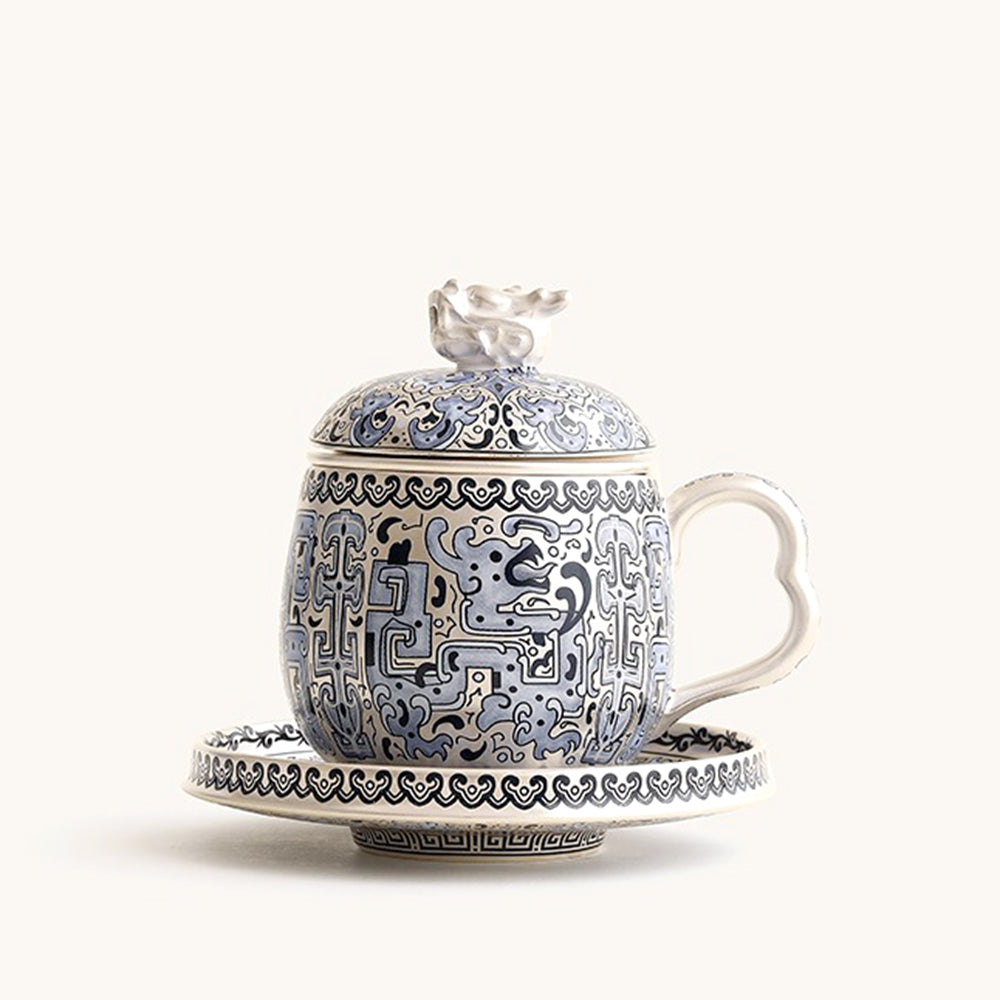 Ceramic Tea Cup Silver Plated Taotie Infuser & Saucer Set