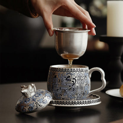 Ceramic Tea Cup Silver Plated Taotie Infuser & Saucer Set