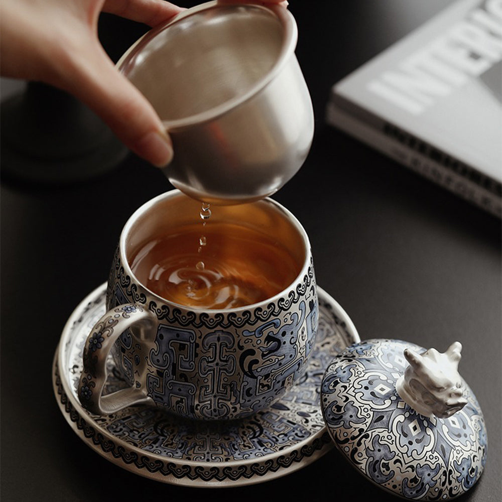 Ceramic Tea Cup Silver Plated Taotie Infuser & Saucer Set