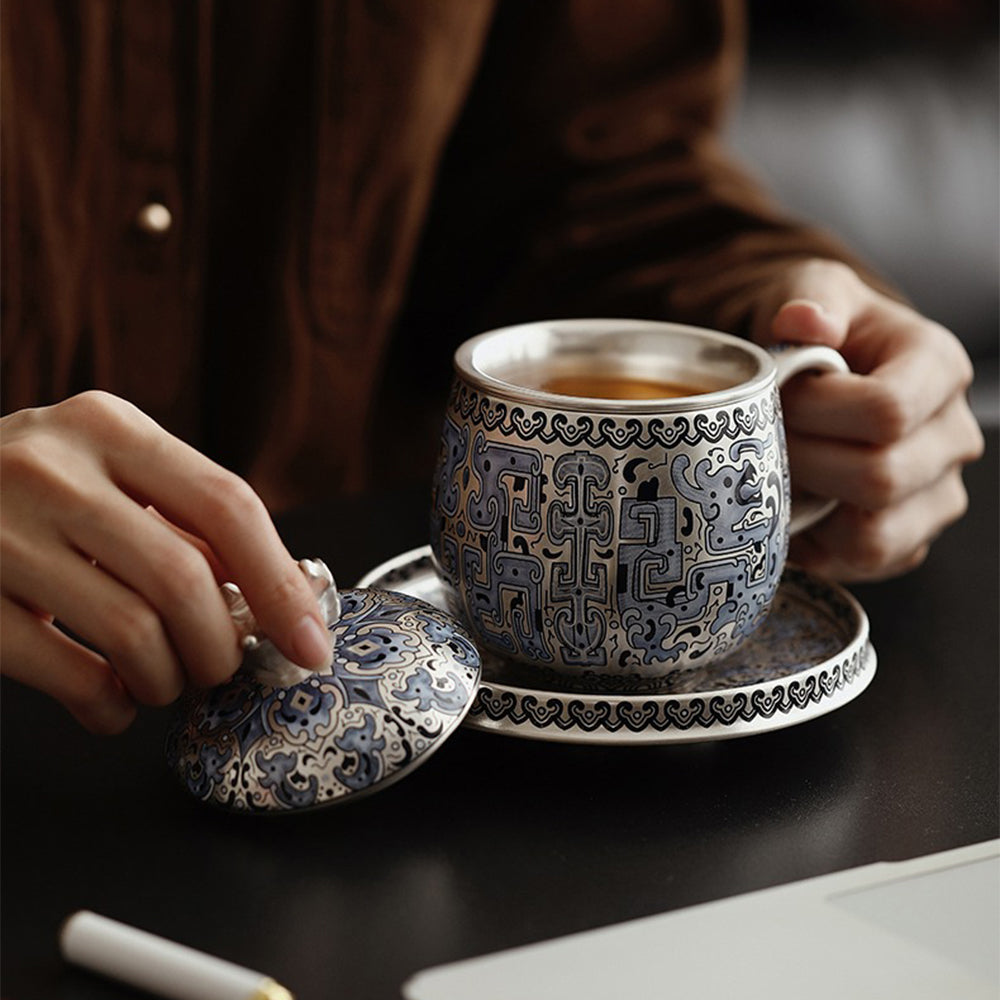 Ceramic Tea Cup Silver Plated Taotie Infuser & Saucer Set