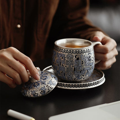 Ceramic Tea Cup Silver Plated Taotie Infuser & Saucer Set