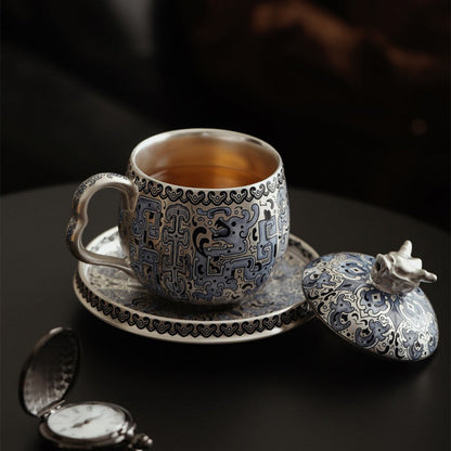 Ceramic Tea Cup Silver Plated Taotie Infuser & Saucer Set