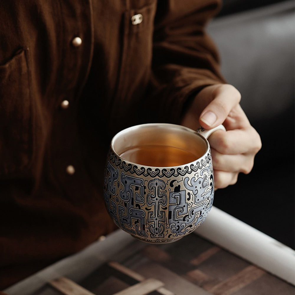Ceramic Tea Cup Silver Plated Taotie Infuser & Saucer Set