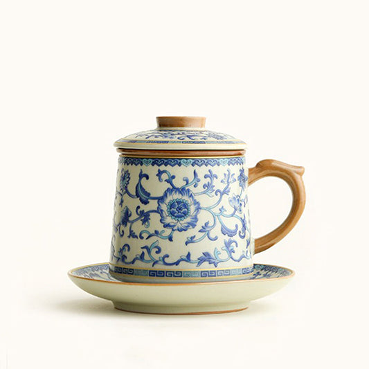 Ruyao Tea Cup Blue White Lotus 400ml Ceramic Filter Gift Box