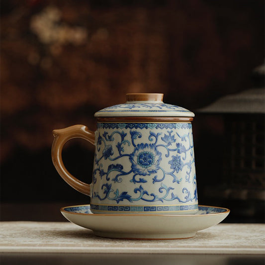 Ruyao Tea Cup Blue White Lotus 400ml Ceramic Filter Gift Box