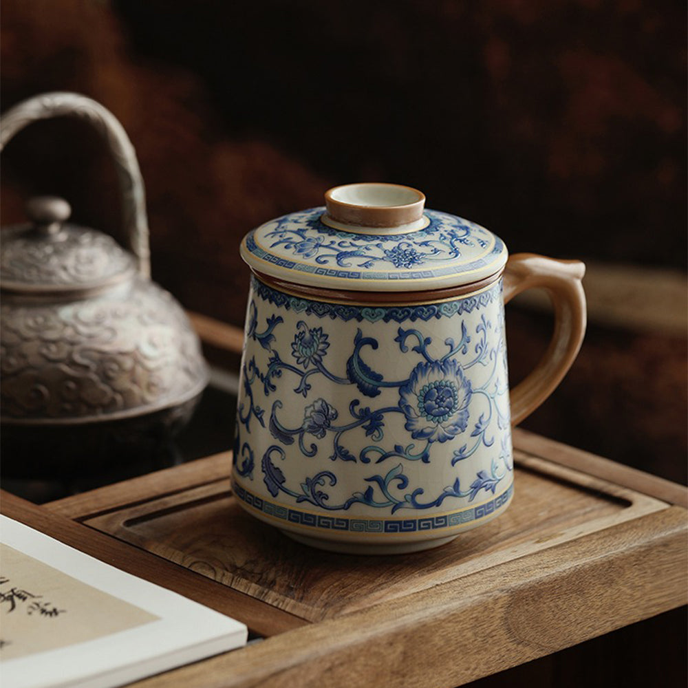 Ruyao Tea Cup Blue White Lotus 400ml Ceramic Filter Gift Box