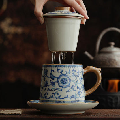 Ruyao Tea Cup Blue White Lotus 400ml Ceramic Filter Gift Box
