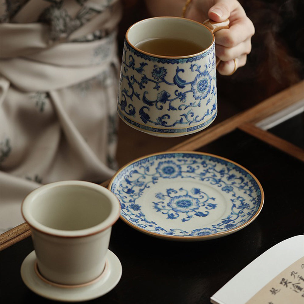 Ruyao Tea Cup Blue White Lotus 400ml Ceramic Filter Gift Box