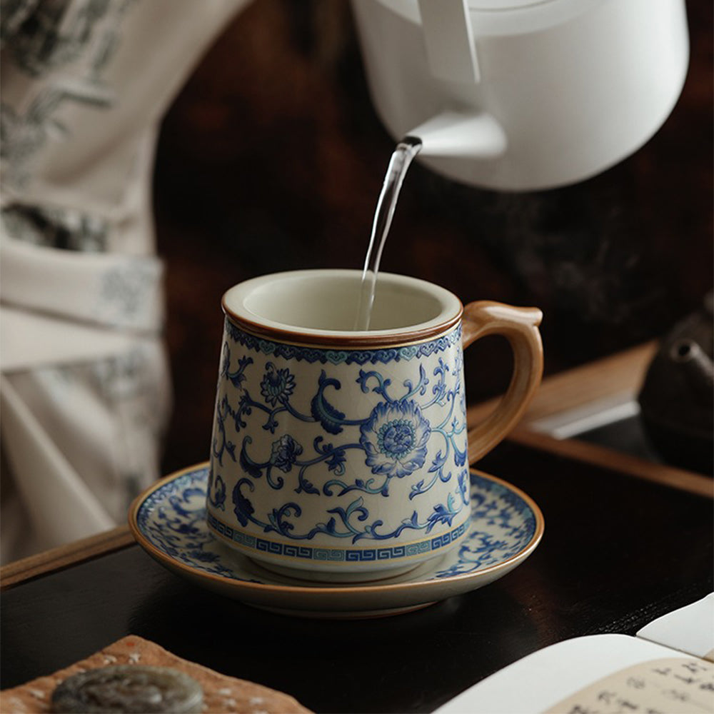 Ruyao Tea Cup Blue White Lotus 400ml Ceramic Filter Gift Box