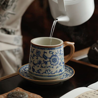 Ruyao Tea Cup Blue White Lotus 400ml Ceramic Filter Gift Box