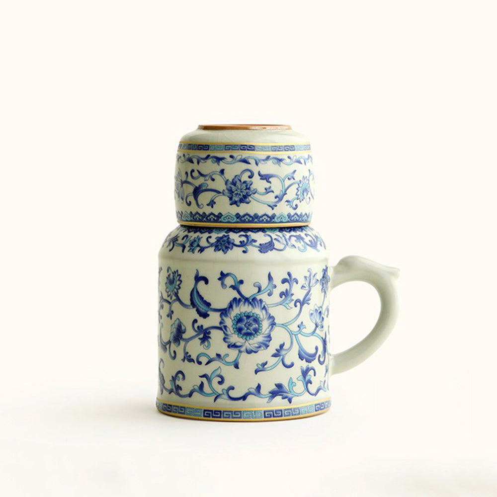 Ruyao Tea Set Blue White Lotus 500ml Teapot 120ml Cup Wooden Plug