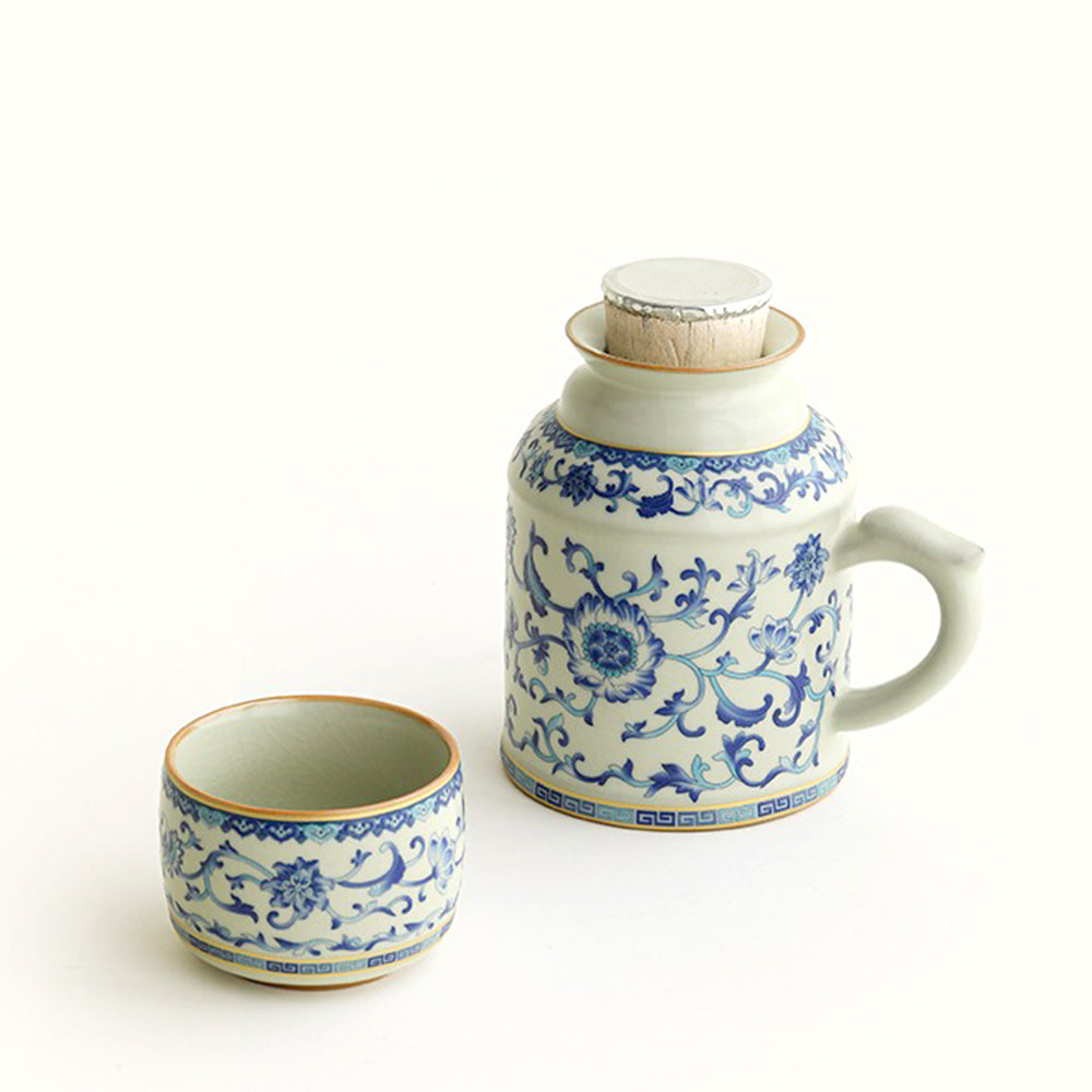 Ruyao Tea Set Blue White Lotus 500ml Teapot 120ml Cup Wooden Plug