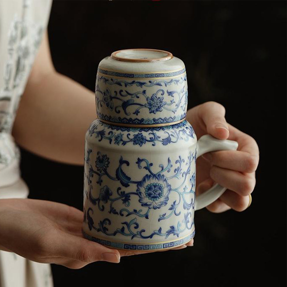 Ruyao Tea Set Blue White Lotus 500ml Teapot 120ml Cup Wooden Plug