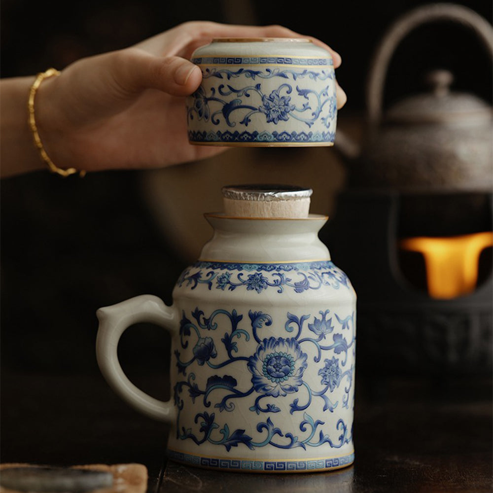Ruyao Tea Set Blue White Lotus 500ml Teapot 120ml Cup Wooden Plug