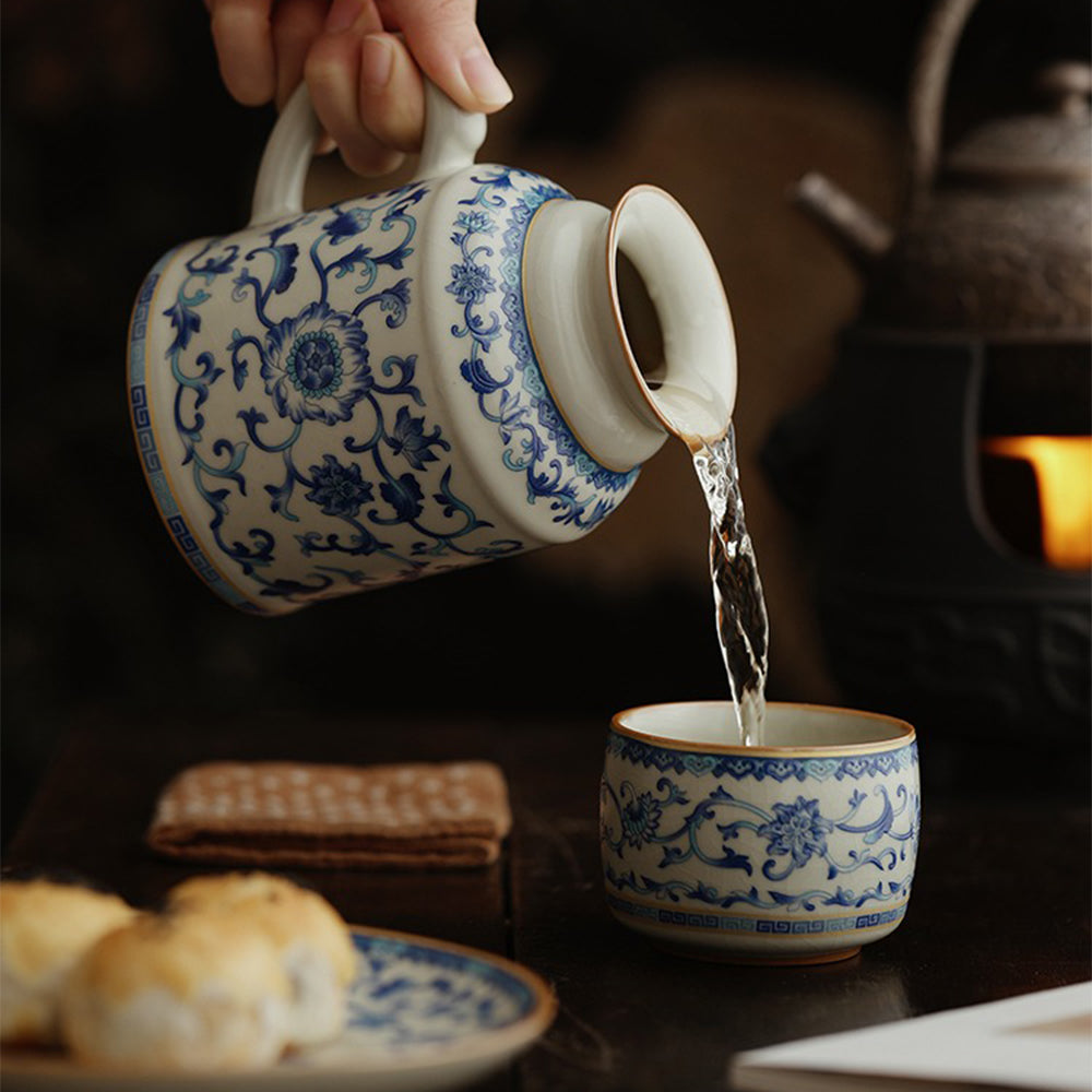 Ruyao Tea Set Blue White Lotus 500ml Teapot 120ml Cup Wooden Plug