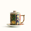 Enamel Tea Cup | Gold Floral Porcelain Lid Saucer Filter 400ml