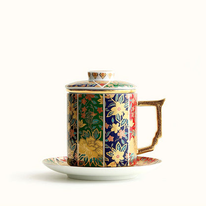 Enamel Tea Cup | Gold Floral Porcelain Lid Saucer Filter 400ml