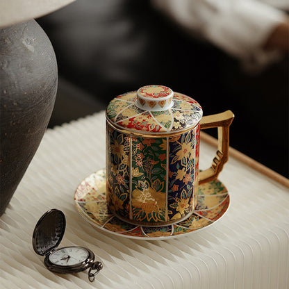 Enamel Tea Cup | Gold Floral Porcelain Lid Saucer Filter 400ml