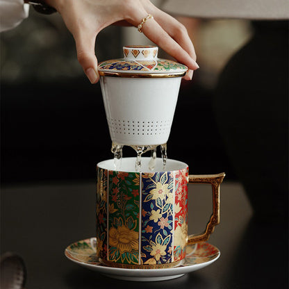 Enamel Tea Cup | Gold Floral Porcelain Lid Saucer Filter 400ml