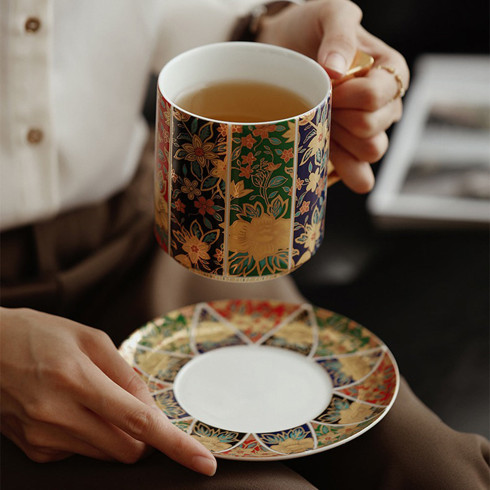 Enamel Tea Cup | Gold Floral Porcelain Lid Saucer Filter 400ml