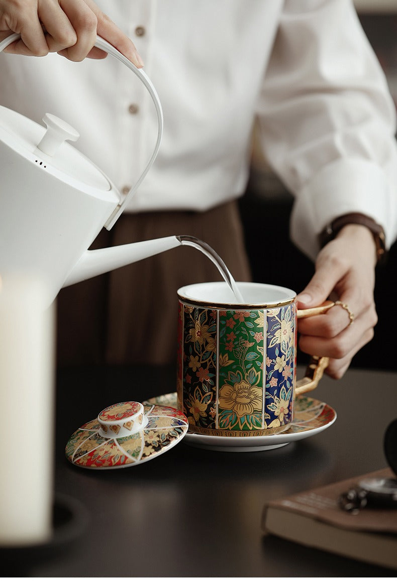 Enamel Tea Cup | Gold Floral Porcelain Lid Saucer Filter 400ml