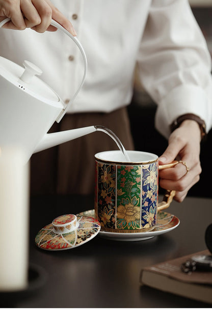 Enamel Tea Cup | Gold Floral Porcelain Lid Saucer Filter 400ml