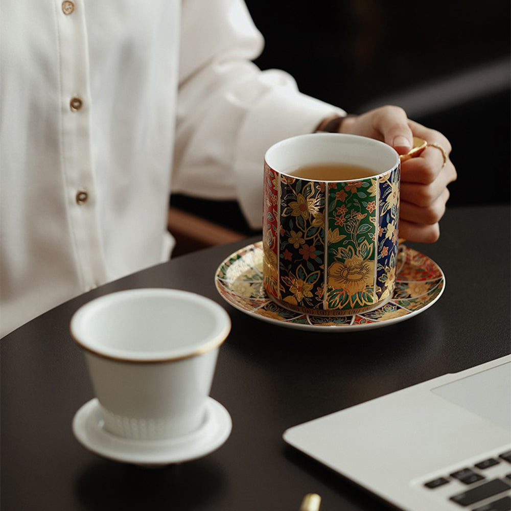 Enamel Tea Cup | Gold Floral Porcelain Lid Saucer Filter 400ml