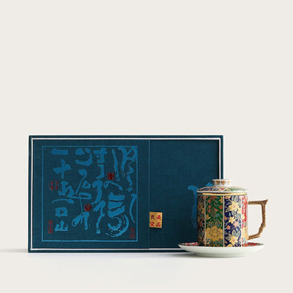 Enamel Tea Cup | Gold Floral Porcelain Lid Saucer Filter 400ml