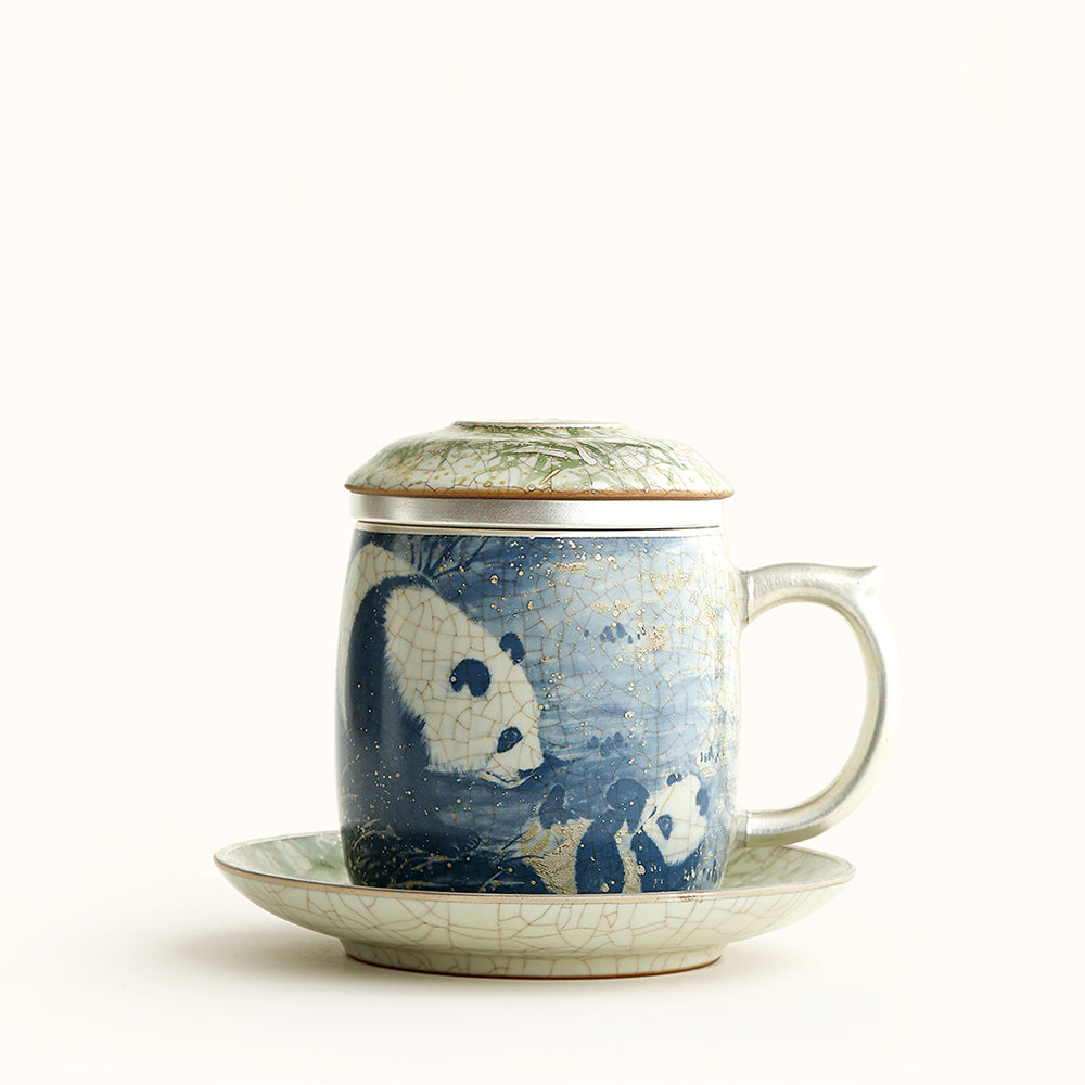 Ruyao Tea Cup | Blue White Panda Bamboo Ice Crack Silver