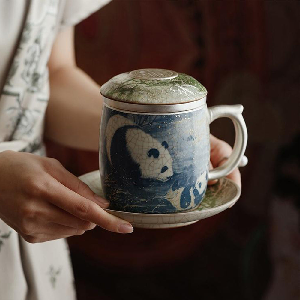 Ruyao Tea Cup | Blue White Panda Bamboo Ice Crack Silver