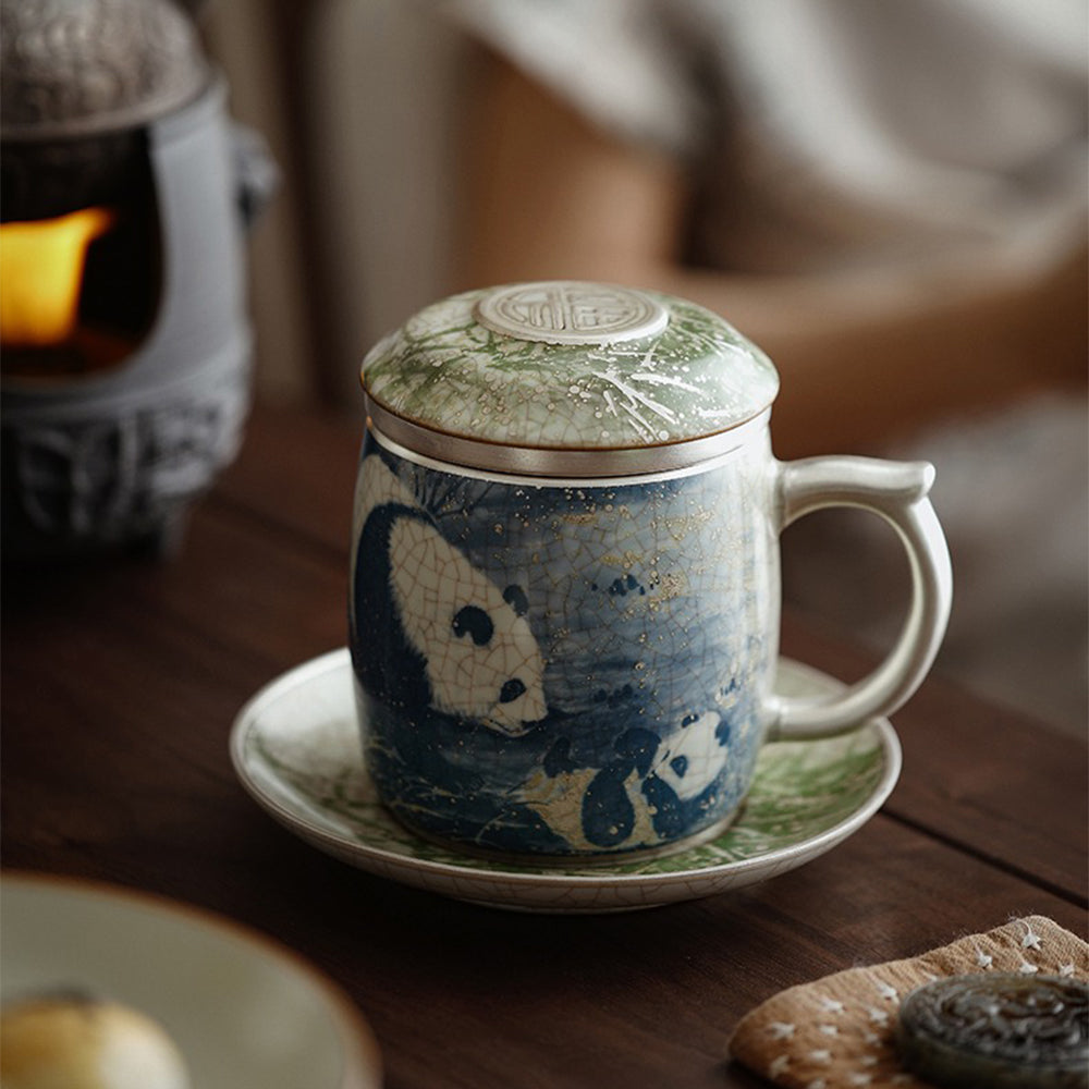 Ruyao Tea Cup | Blue White Panda Bamboo Ice Crack Silver