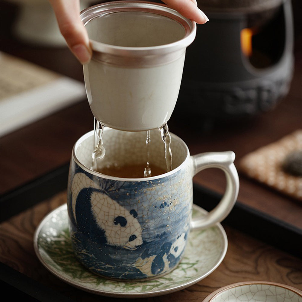 Ruyao Tea Cup | Blue White Panda Bamboo Ice Crack Silver
