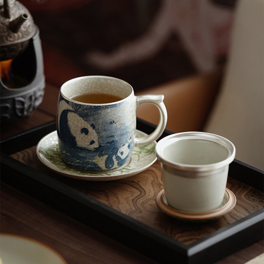 Ruyao Tea Cup | Blue White Panda Bamboo Ice Crack Silver