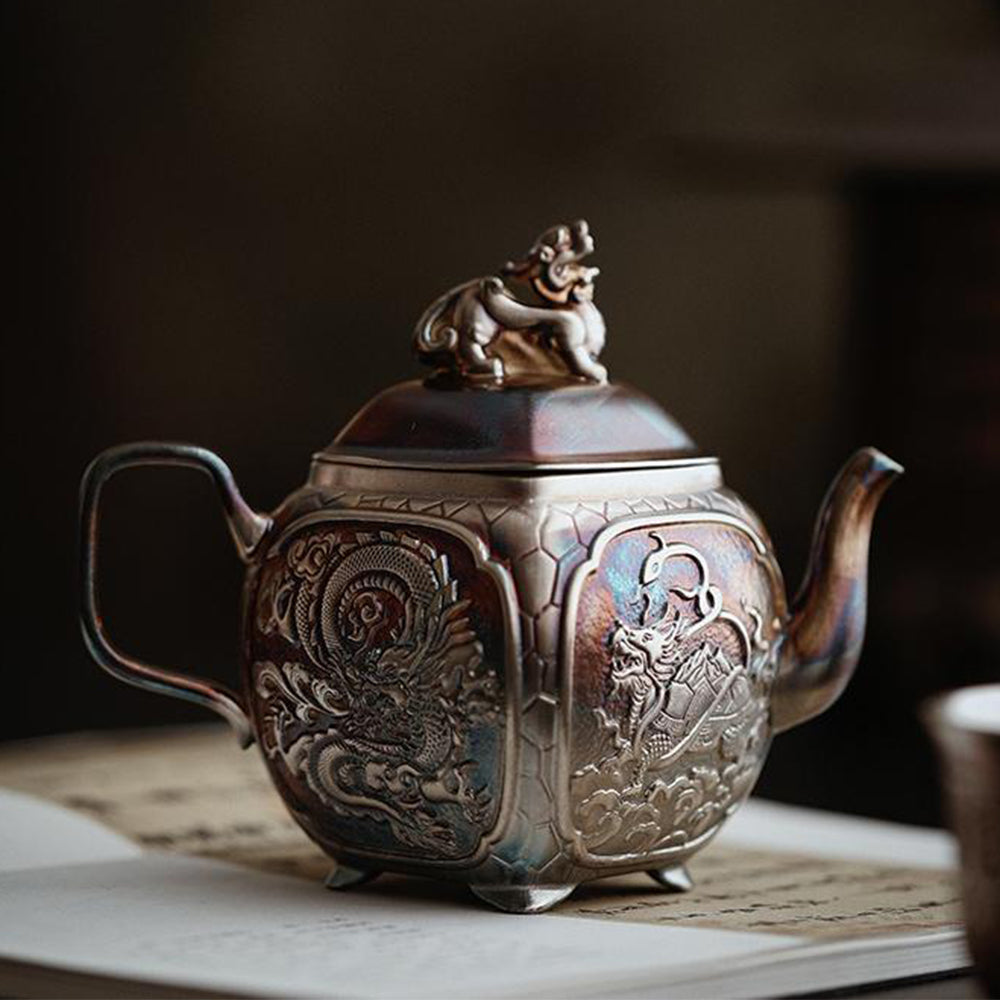 Silver Teapot | Four Sacred Beasts Pixiu Lid Dehua Ceramic