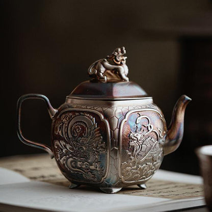 Silver Teapot | Four Sacred Beasts Pixiu Lid Dehua Ceramic
