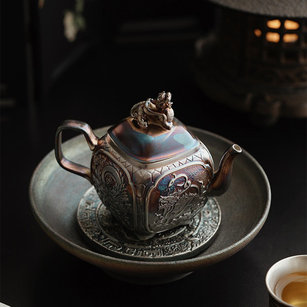 Silver Teapot | Four Sacred Beasts Pixiu Lid Dehua Ceramic