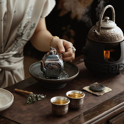 Silver Teapot | Four Sacred Beasts Pixiu Lid Dehua Ceramic