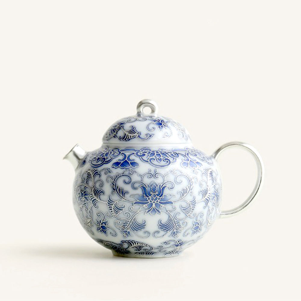 Blue White Porcelain Teapot Silver Gilt Lotus 150ml