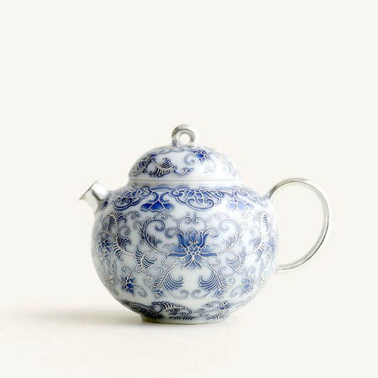 Blue White Porcelain Teapot Silver Gilt Lotus 150ml