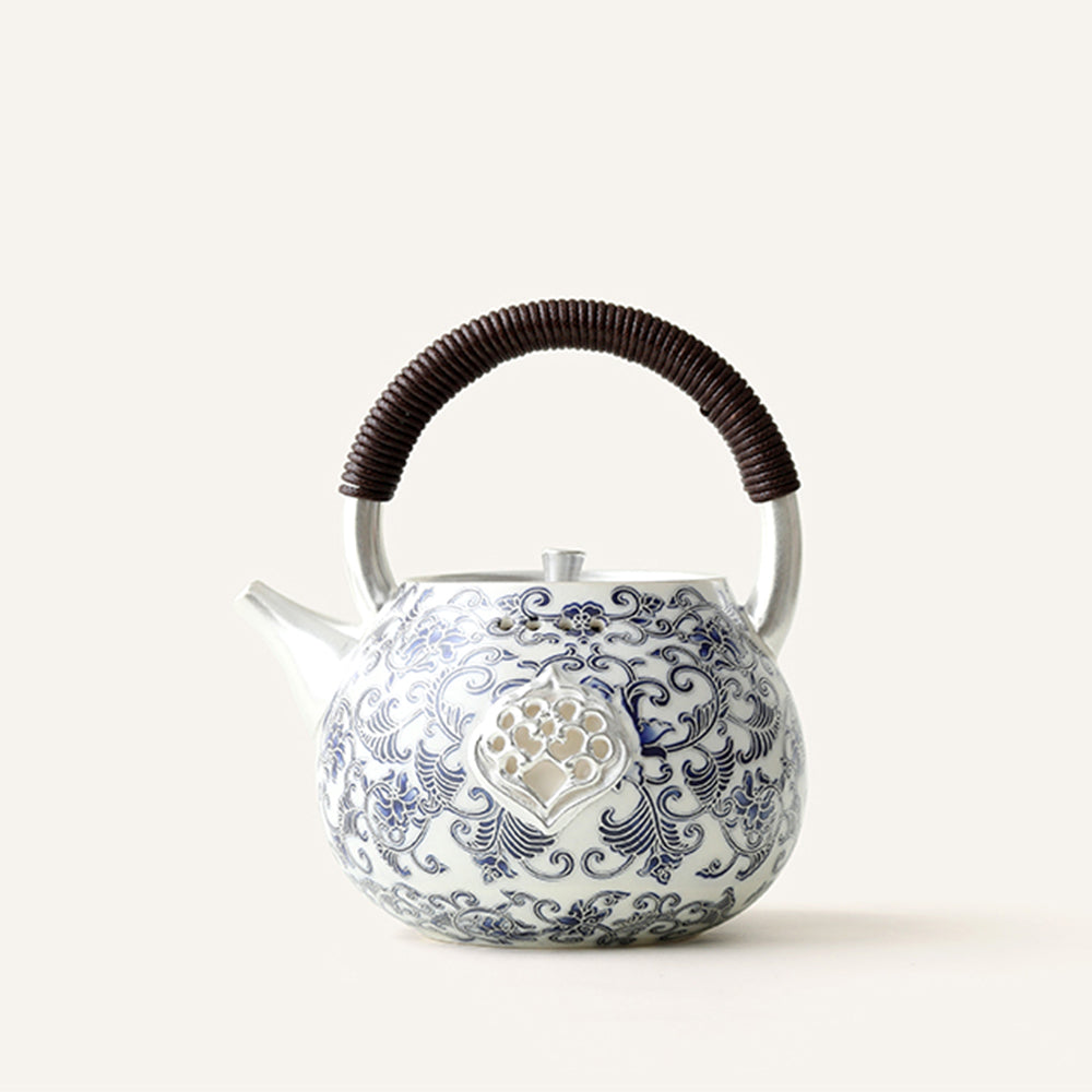 Chinese Teapot Blue White Porcelain Silver-Gilt Ruyi 600ml